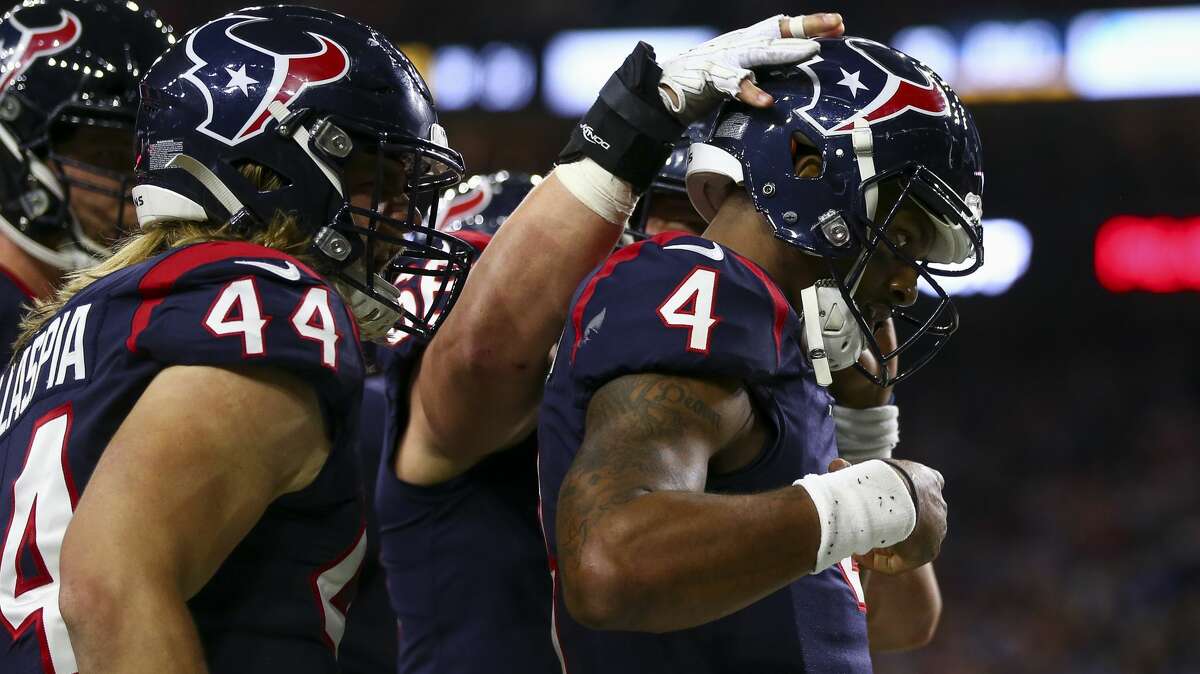 Houston Texans quarterback Deshaun Watson (4) celebrates after scoring a 20-yard rushing touchdown against the Buffalo Bills during the third quarter of an AFC Wild Card playoff game at NRG Stadium Saturday, Jan. 4, 2020, in Houston.