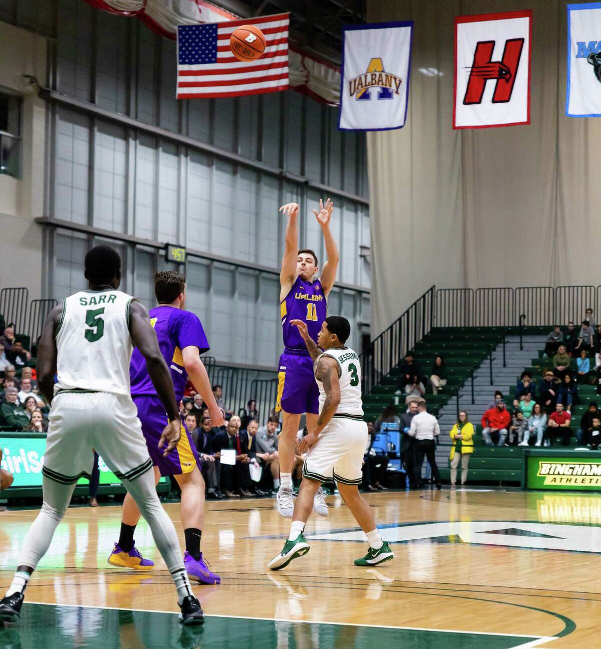 UAlbany's Cameron Healy shoots against Binghamton during their game Saturday, Jan. 4, 2020. (Courtesy of Brent Warzocha)