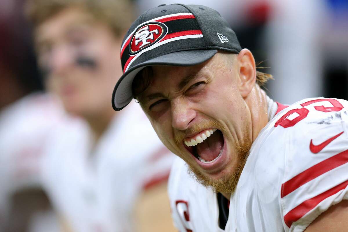George Kittle of the San Francisco 49ers reacts against the New Orleans Saints during a game at the Mercedes Benz Superdome on December 8, 2019 in New Orleans, Louisiana.