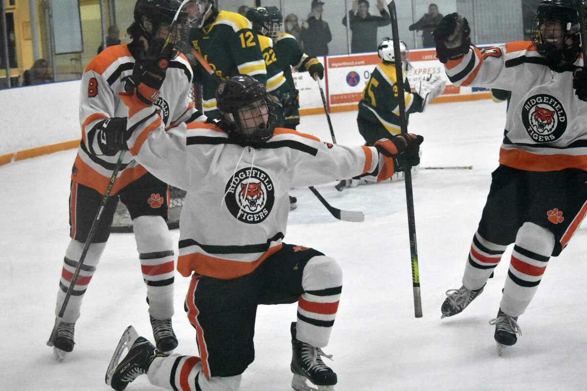 Ridgefield’s Michael Conciatore celebrates his goal in the hockey game between Ridgefield and Hamden at the Winter Garden, Ridgefield on Saturday, Jan. 4, 2019. (Pete Paguaga, Hearst Connecticut Media)