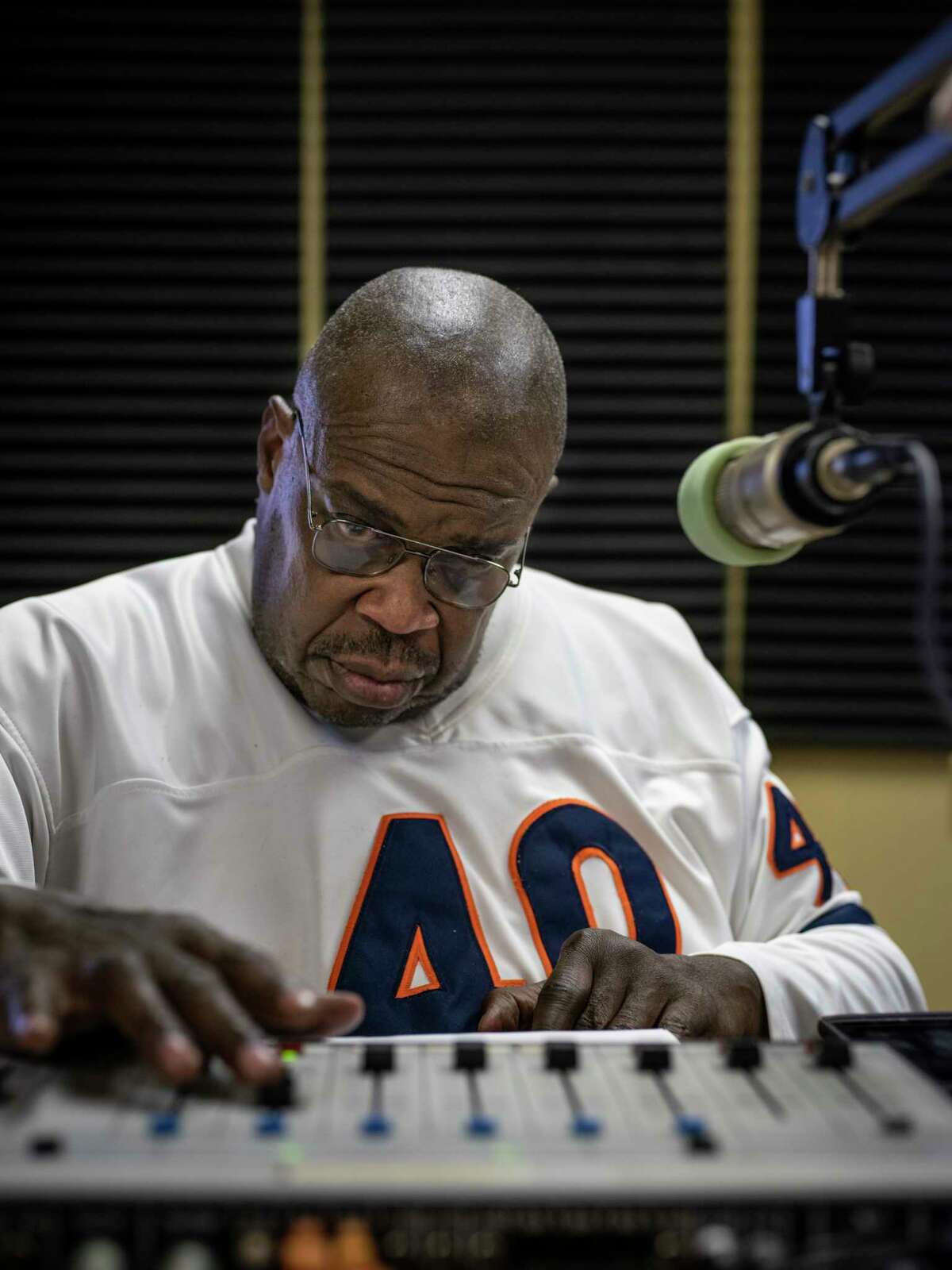 Doug Heath works the board Saturday, Jan. 4, 2020, at KROV-FM, a community broadcast radio station that can be heard on HD radios at 91.7 FM-HD2 and online. On air, Heath is known as “Dr. Doug,” spinning soothing music and giving his message about the power of positive thinking. Many of his listeners don’t know about the near-fatal accident he had that fuels his positive outlook.