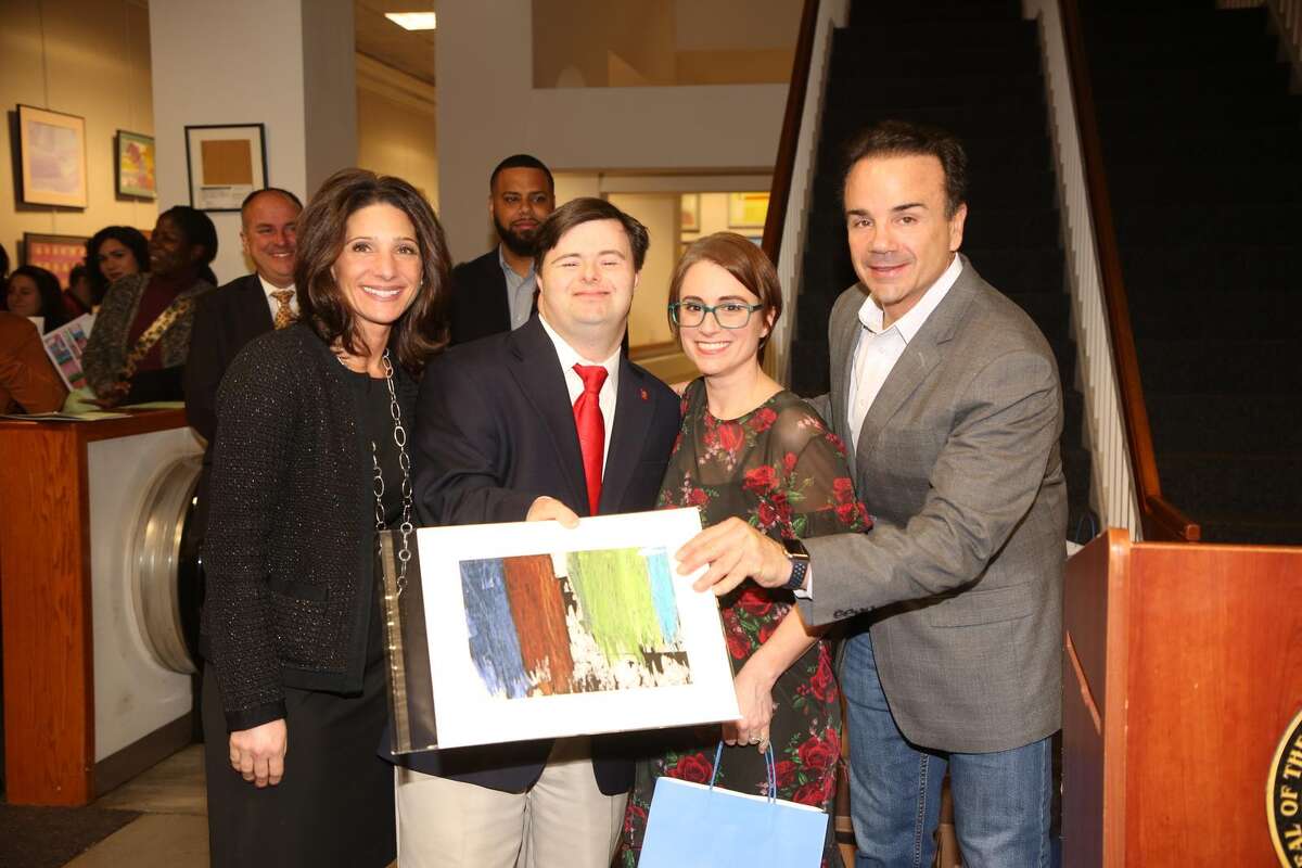 Karen Galbo, Vice President and Executive Director of People's United Community Foundation, Calendar Artist Michael Donahue of Trumbull, Kennedy Center Expressive Art Therapist Jen Narcisco and Bridgeport Mayor Joe Ganim.