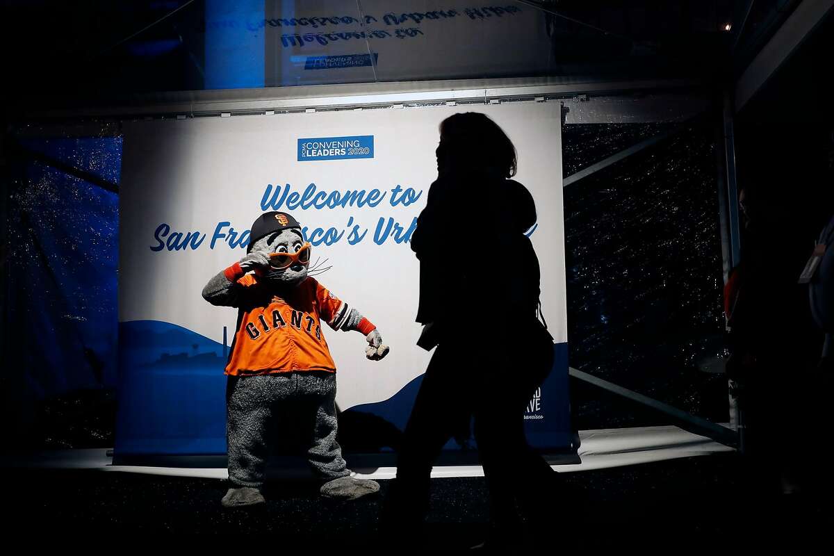 San Francisco Giants' mascot, Lou Seal, greets attendees to PCMA Convening Leaders 2020 party at Pier 48 in San Francisco, Calif., on Sunday, January 4, 2020.