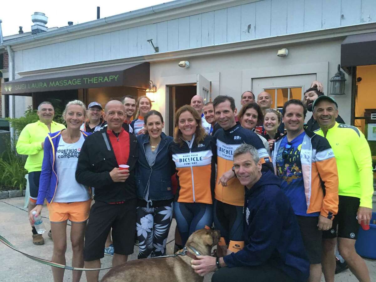 Ridgefield Bicycle Sport Club members at a Thirsty Thursday post-ride gathering at sponsor Susi Laura Massage.