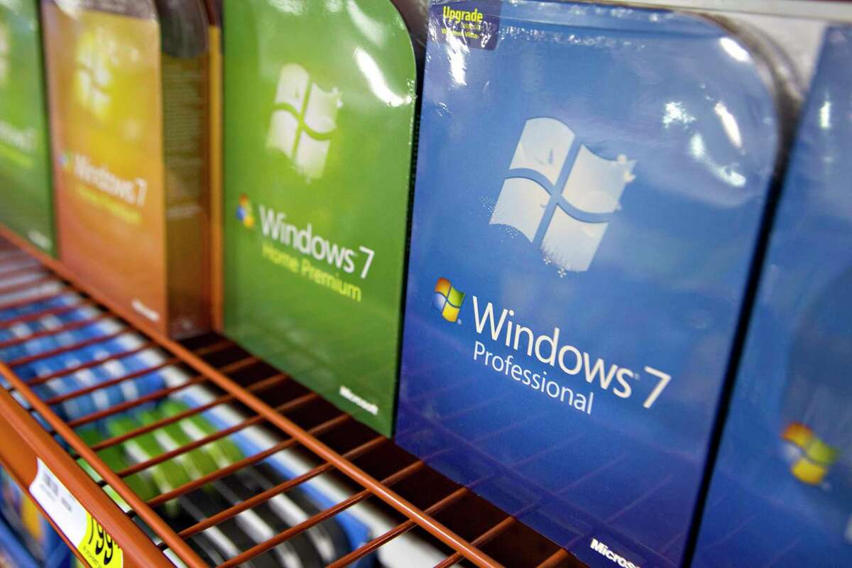 Copies of Microsoft Windows 7 are arranged for a photograph at a Staples store in New York, U.S., on Thursday, Oct. 22, 2009. Support for Windows 7 ends on Jan. 14, 2020.