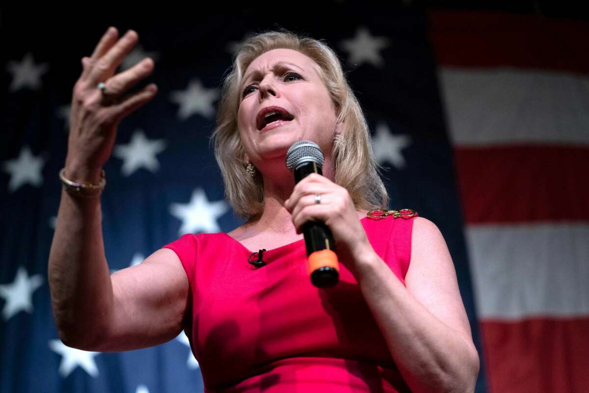 In this file photo taken on August 9, 2019 2020, Democratic presidential hopeful US Senator for New York Kirsten Gillibrand speaks at the Wing Ding Dinner in Clear Lake, Iowa.