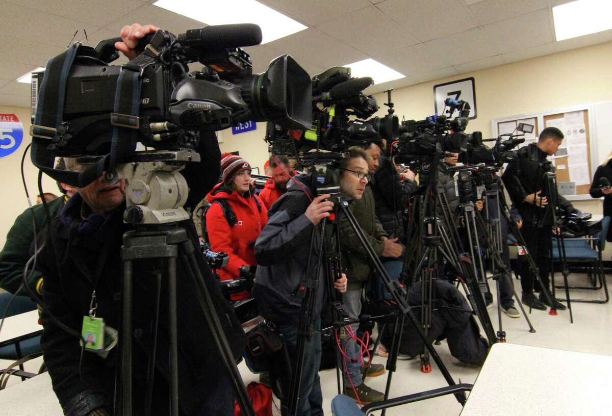 Media set up for a press conference after the arrest of Fotis Dulos at State Police Troop G Headquarters in Bridgeport, Conn., on Tuesday Jan. 7, 2020.