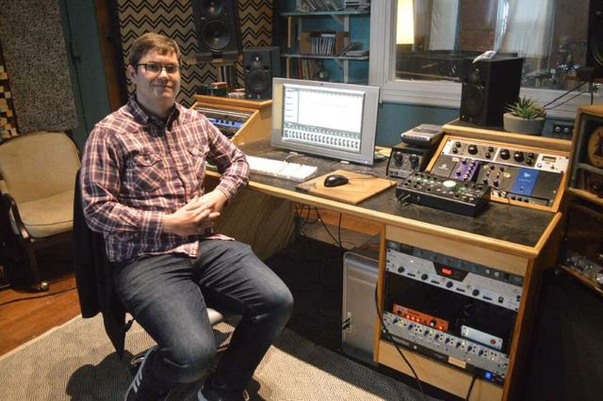 Owner Ryan Wasoba sits in the control room at Bird Cloud Recording. The studio will marks its seventh anniversary at its current location, 144A N. Main St. in Edwardsville, in February.