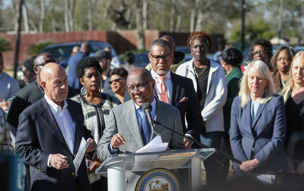 Mayor Sylvester Turner spoke during a press conference opposing the expansion of a concrete batch plant near homes in Acre Homes Tuesday, Jan. 7, 2020, in Houston.