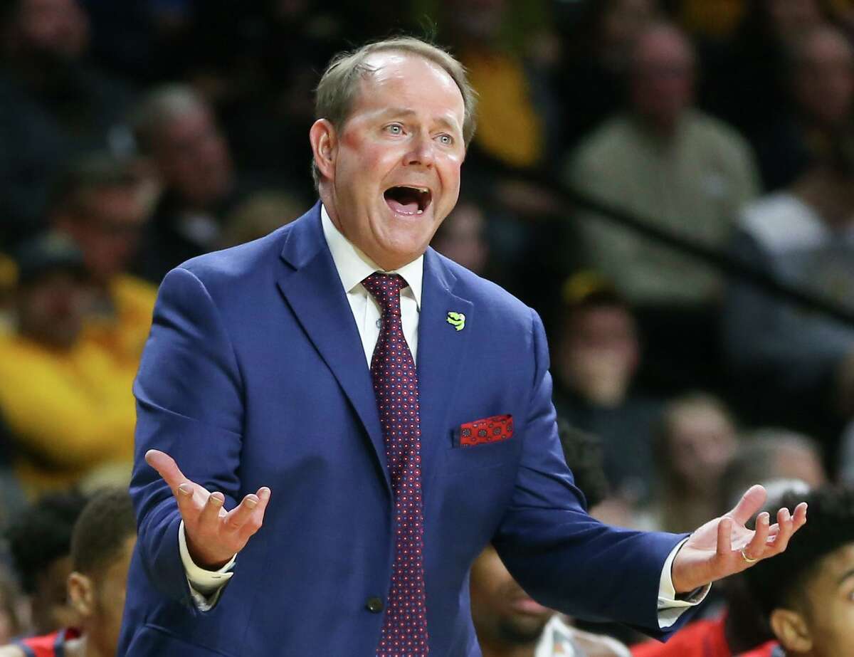 Mississippi head coach Kermit Davis argues with the referees during the first half of an NCAA college basketball game against Wichita State, Saturday, Jan. 4. 2020 in Wichita, Kan. (Travis Heying/The Wichita Eagle via AP)