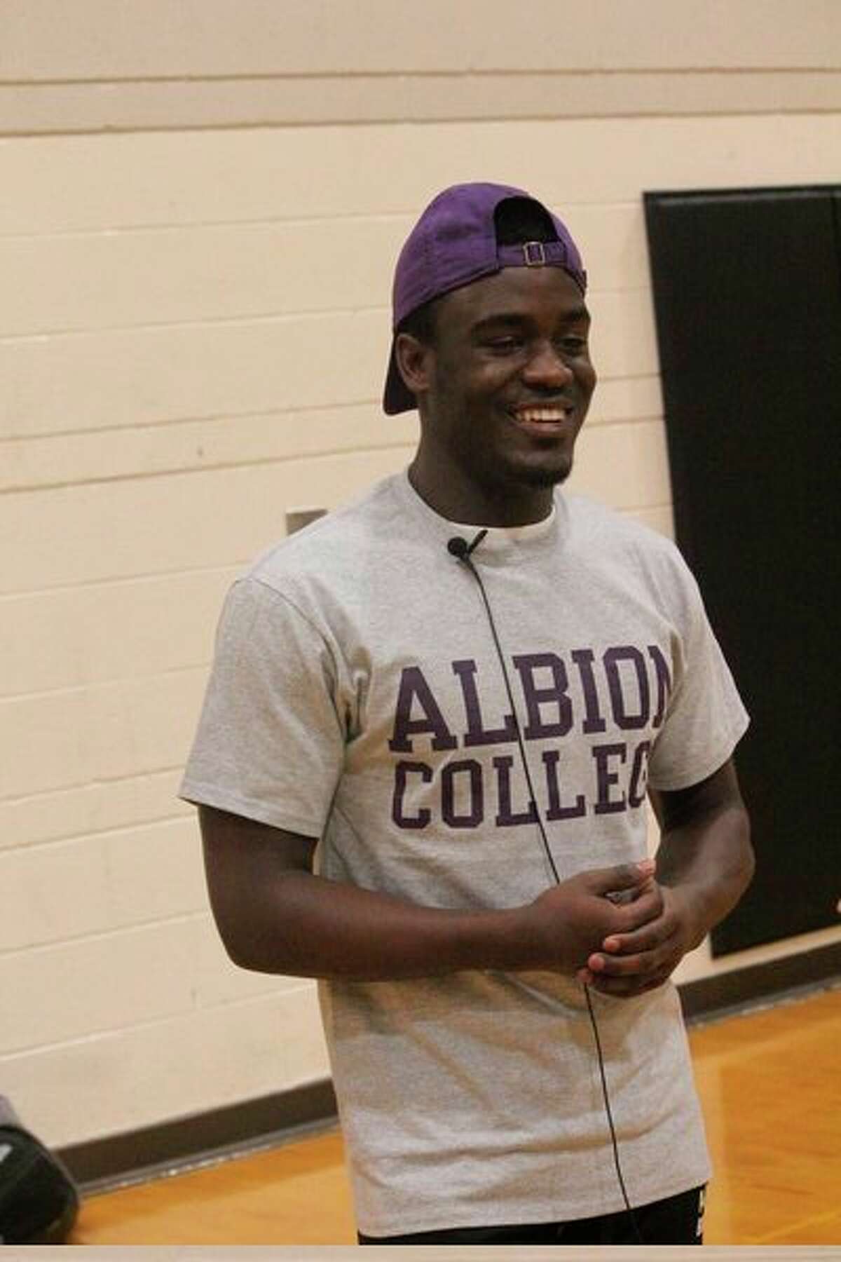 Reed City's Phillip Jones-Price was all smiles last February when he announced his decision to play at Albion. (Herald Review file photo)