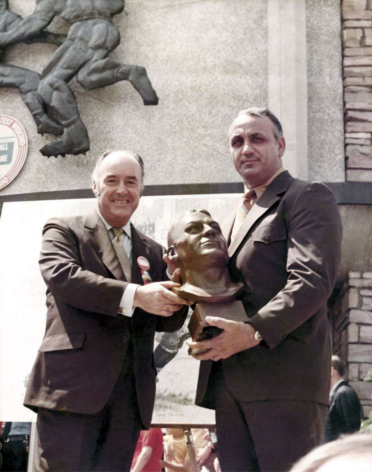 J. Walter Kennedy, left, and Andy Robustelli at Robustelli’s induction into the Pro Football Hall of Fame in 1971. Kennedy, a former Stamford mayor, was National Basketball Association commissioner from 1963-1975. Robustelli, an eight-time All-Pro, was a standout with the Los Angeles Rams and New York Giants.