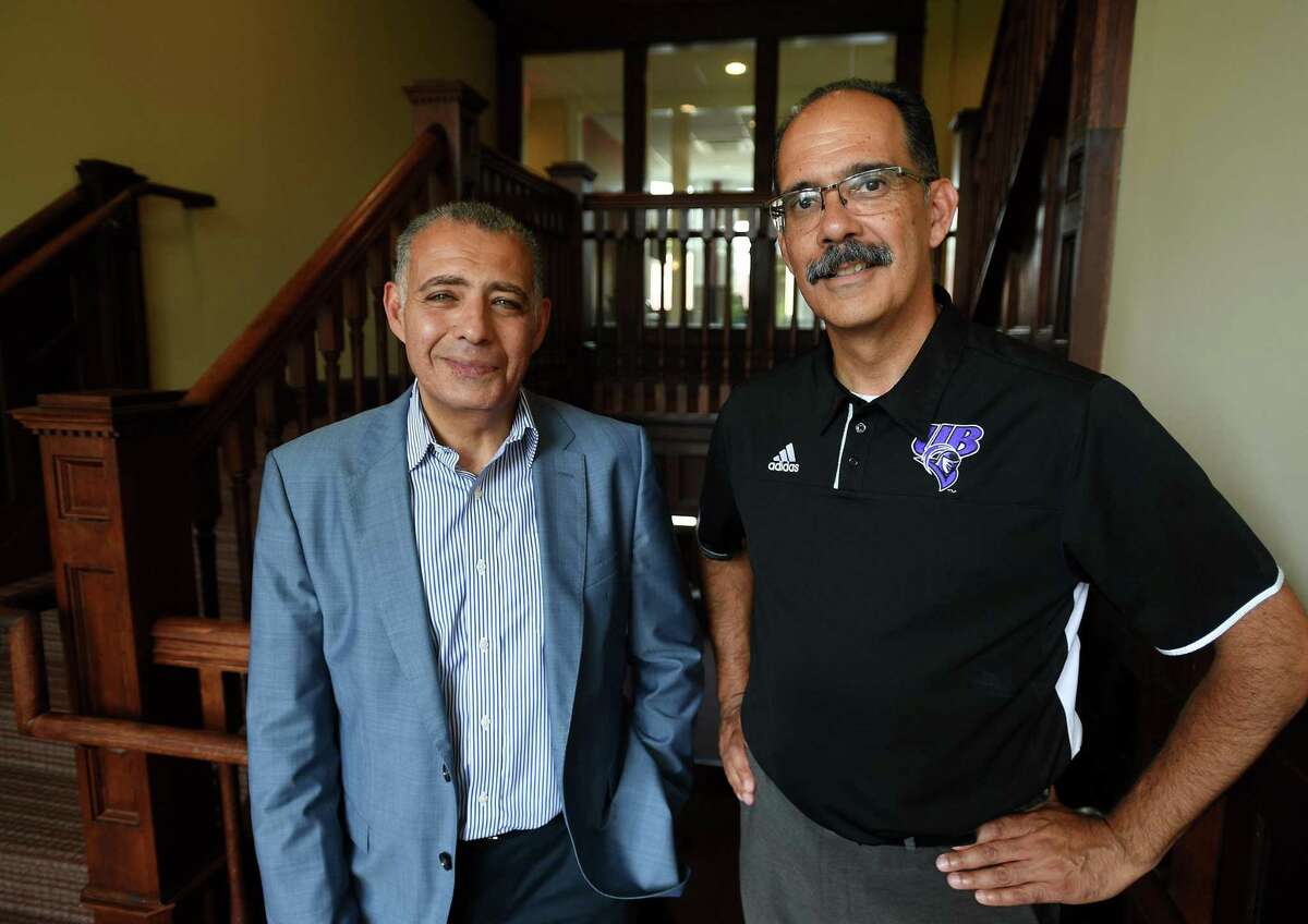 Dean of the College of Engineering, Business, and Education Tarek Sohb, left, and Vice President for Facilities George Estrada in the newly renovated Bauer Hall Innovation Center at the University of Bridgeport in Bridgeport.