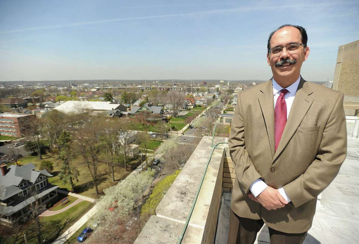 University of Bridgeport Vice President for Facilities George Estrada, who putting together a master plan looking at the university's growth over the next 15 years, high atop the Wahlstrom Library at the school in Bridgeport, Conn. on Thursday, April 21, 2016.
