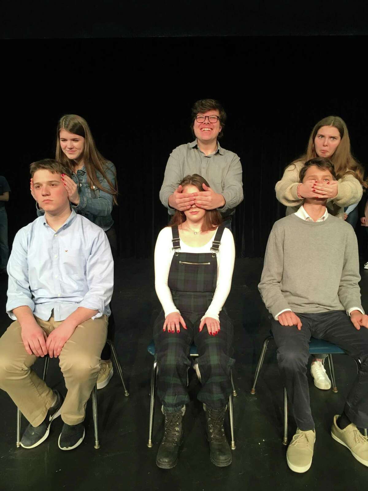 Sarah Bates, Mickey Wilcox, Devin Moran, Liv Becraft, Mairead Kehoe, Anton Rushevich rehearse for Freeplay, presented Jan. 17-18, 2020, in Wilton High School's Little Theater.