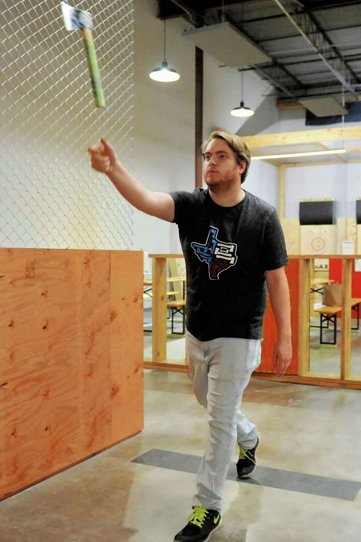 Kyle Hough tosses an axe at a target at Urban Axes, Houston, TX on Saturday, January 4, 2020.