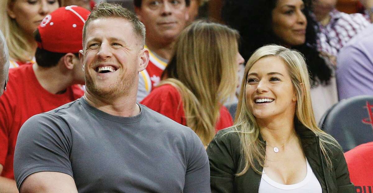 HOUSTON, TX - APRIL 16: J.J. Watt of the Houston Texans and girlfriend Kealia Ohai of the Houston Dash court side during Game One of the first round of the Western Conference 2017 NBA Playoffs at Toyota Center on April 16, 2017 in Houston, Texas. (Photo by Bob Levey/Getty Images)