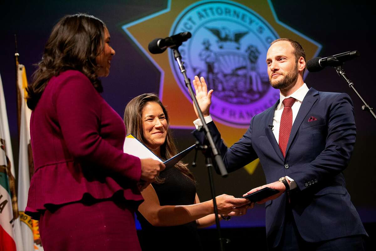 From left: Mayor London Breed with Valerie Block as Chesa Boudin is inaugurated as San Francisco's new district attorney, Wednesday, Jan. 8, 2020, in San Francisco, Calif. Boudin’s inauguration was held at Herbst Theater.