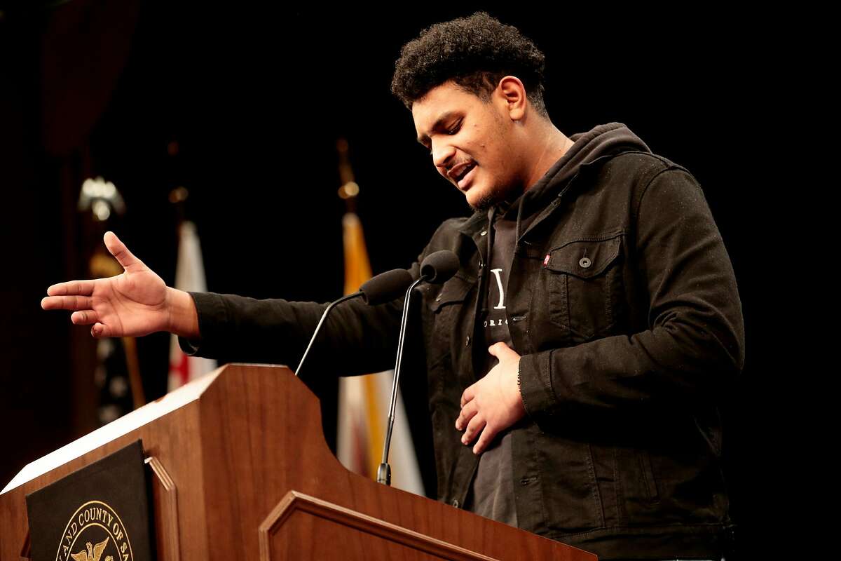 Zouhair Mussa, 16, of Youth Speaks, during Chesa Boudin’s inauguration as San Francisco's new district attorney, Wednesday, Jan. 8, 2020, in San Francisco, Calif. Boudin’s inauguration was held at Herbst Theater.