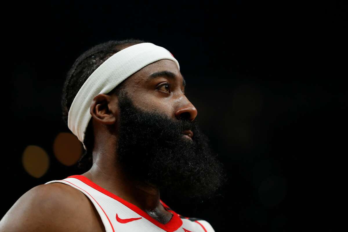 ATLANTA, GEORGIA - JANUARY 08: James Harden #13 of the Houston Rockets looks on during the first half against the Atlanta Hawks at State Farm Arena on January 08, 2020 in Atlanta, Georgia. NOTE TO USER: User expressly acknowledges and agrees that, by downloading and/or using this photograph, user is consenting to the terms and conditions of the Getty Images License Agreement. (Photo by Kevin C. Cox/Getty Images)