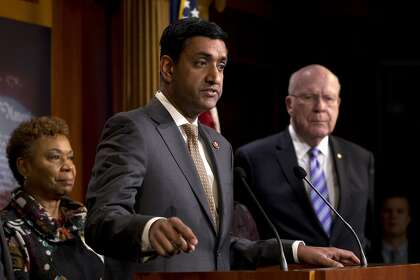 Rep. Ro Khanna, D-Fremont., accompanied by Rep. Barbara Lee, D-Oakland, and Sen. Patrick Leahy, D-Vt., speaks during a news conference in Washington on Jan. 9.