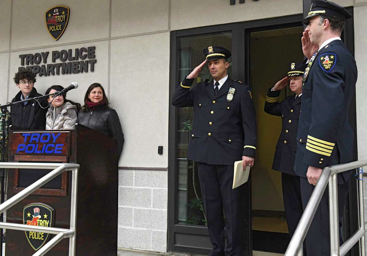 Detective Capt. Joseph Centanni, third from right, is honored with a walkout ceremony upon his retirement on Friday, Jan. 10, 2020 in Troy, N.Y. Centanni will be the new Watervliet police chief, the announced in March 2021. (Lori Van Buren/Times Union)