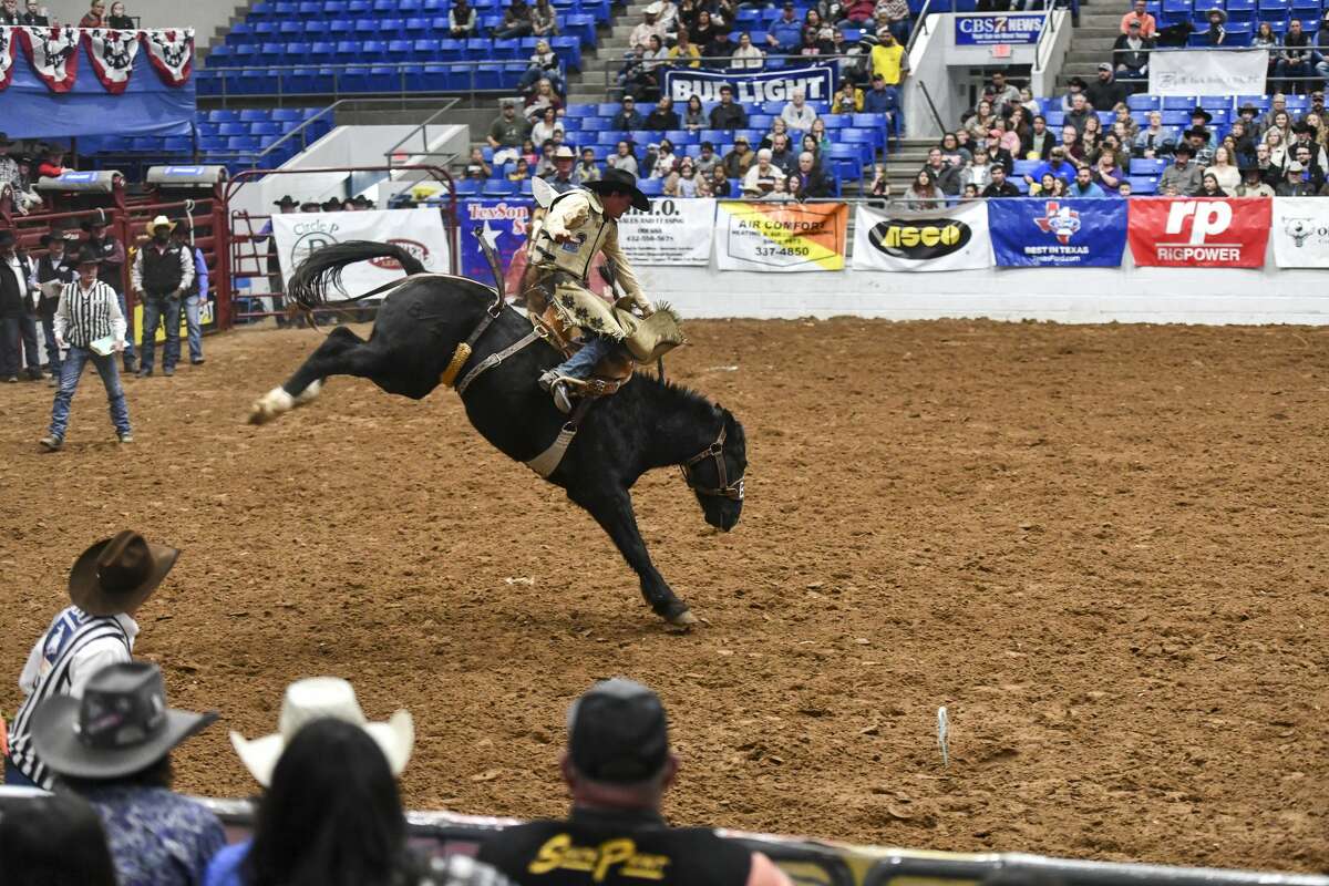Chase Bourque from Canada competes in bareback bronc riding at the Sandhills Rodeo Thursday, Jan. 9, 2020 at the Ector County Coliseum. Jacy Lewis/Reporter-Telegram