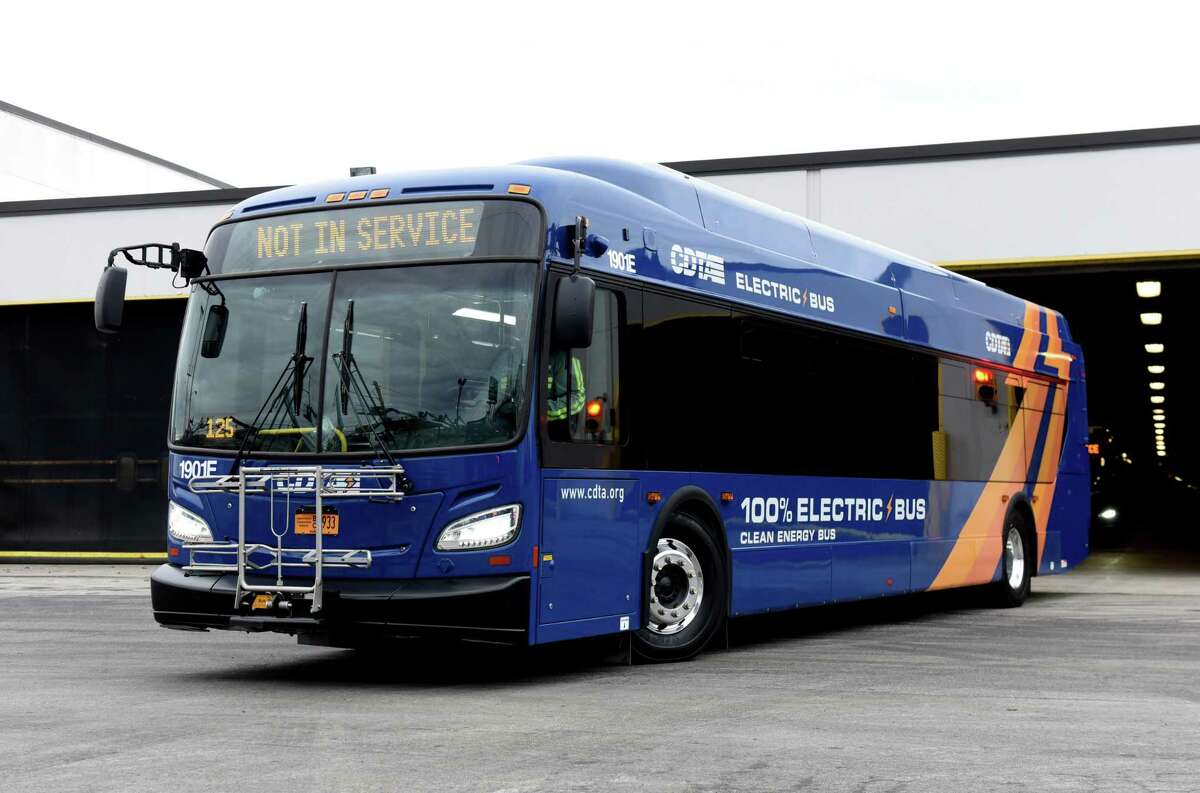One of the Capital District Transportation Department's four new electric buses is driven out of the depot garage on Friday, Jan. 10, 2020, in Albany, N.Y. CDTA's implementation of the New Flyer Xcelsior CHARGE 40-foot buses are said to eliminate between 85 and 175 tons of greenhouse gas emissions annually, according to CDTA. (Will Waldron/Times Union)