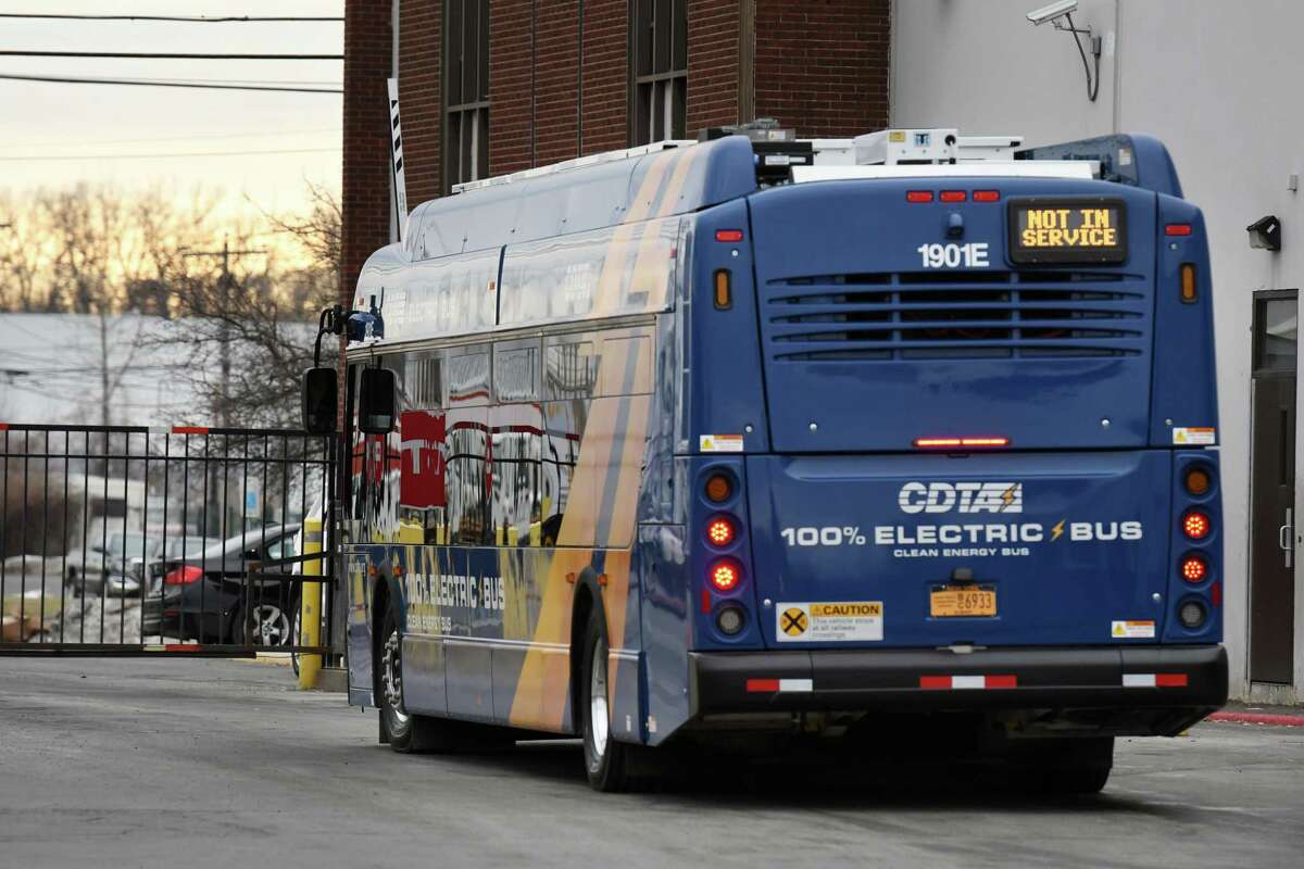 One of the Capital District Transportation Department's four new electric busses is driven out of the depot garage on Friday, Jan. 10, 2020, in Albany, N.Y. CDTA's implementation of the New Flyer Xcelsior CHARGE 40-foot buses are said to eliminate between 85 and 175 tons of greenhouse gas emissions annually, according to CDTA. (Will Waldron/Times Union)