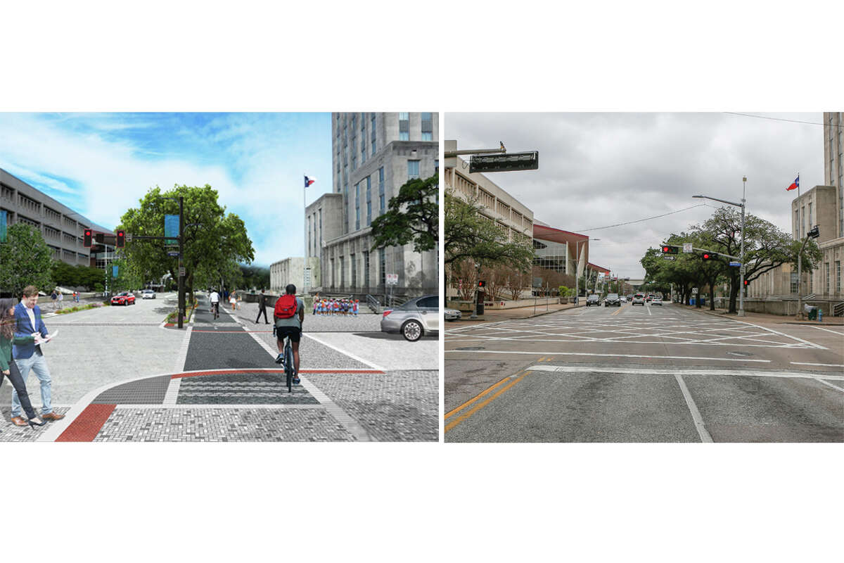 A composite showing a rendering, left, and photograph, right, of Bagby Street facing north. Central Library with City Hall in the foreground, is being reconstructed to add more room for pedestrians and bicyclists and increase drainage capacity.