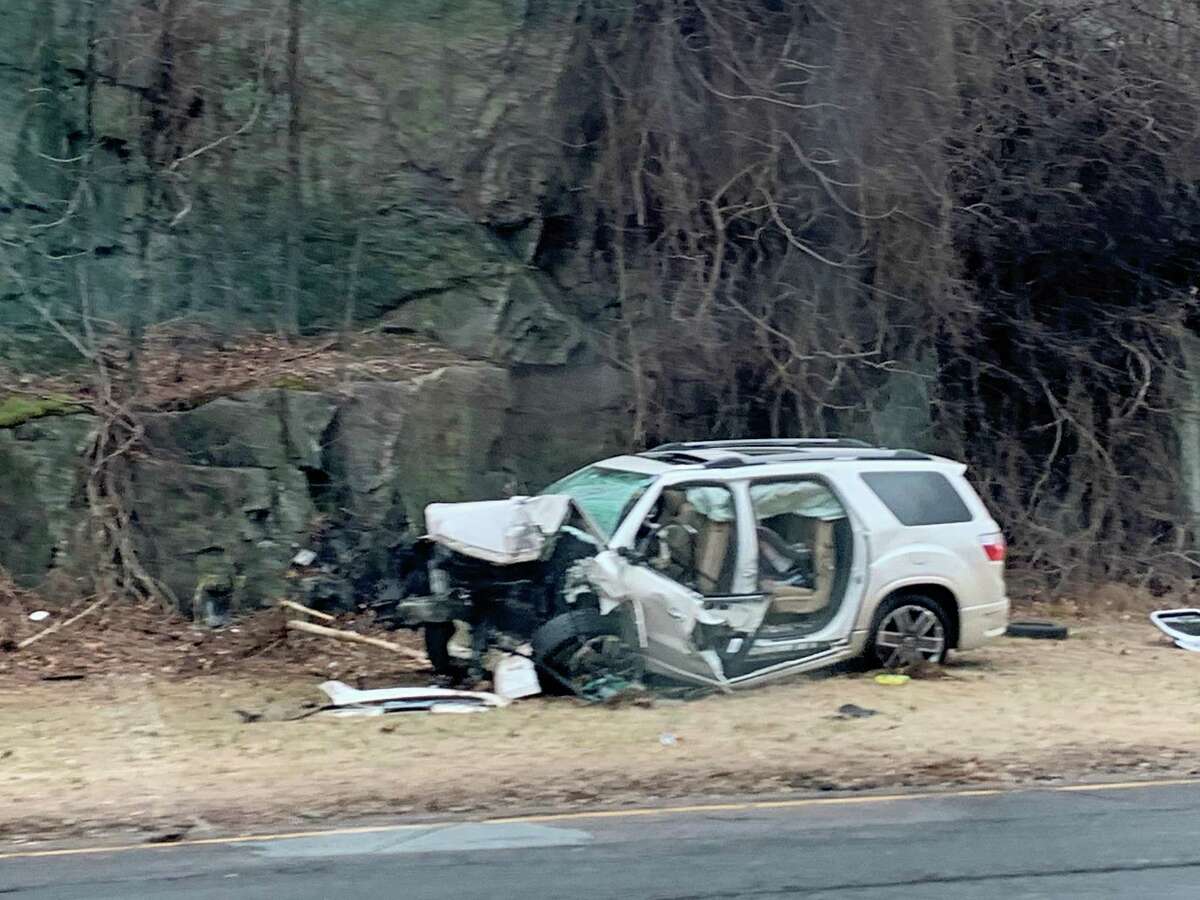 A vehicle involved in a crash on Route 25 south in Trumbull, Conn., on Friday, Jan. 10, 2020.