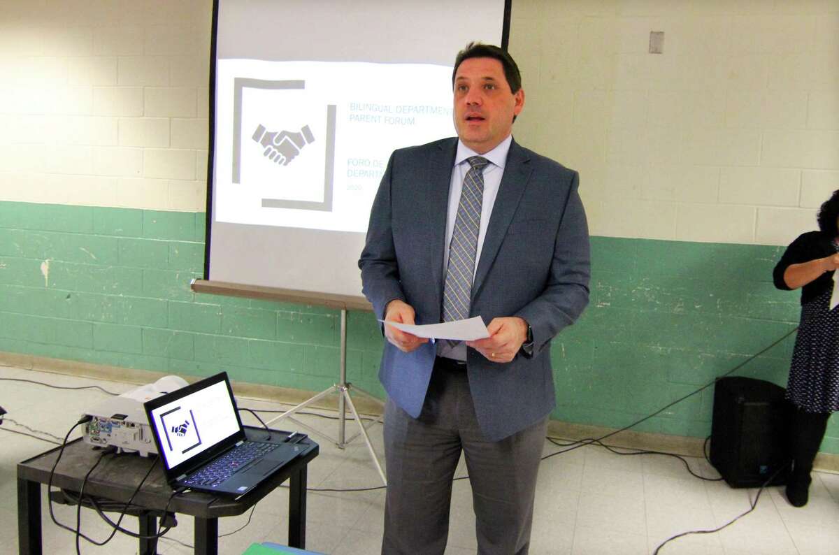 Acting Superintendent of Schools Michael Testani speaks at a Make the Road CT forum held to show Spanish speaking parents how to navigate the school system at Luis Marin School in Bridgeport, Conn., on Thursday Jan. 9, 2020. He has been selected as the city’s next permanent superintendent.