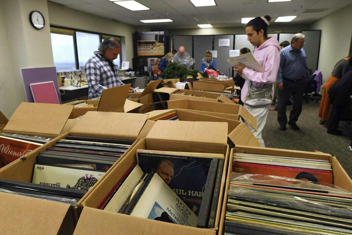 Boxes of vinyl albums are on display during a garage sale at Texas Public Radio headquarters on Friday, Jan. 10, 2020. Texas Public Radio is preparing its move from its high-rise offices near the Medical Center to a new state-of-the-art facility in the Alameda Theater complex in downtown San Antonio in February.