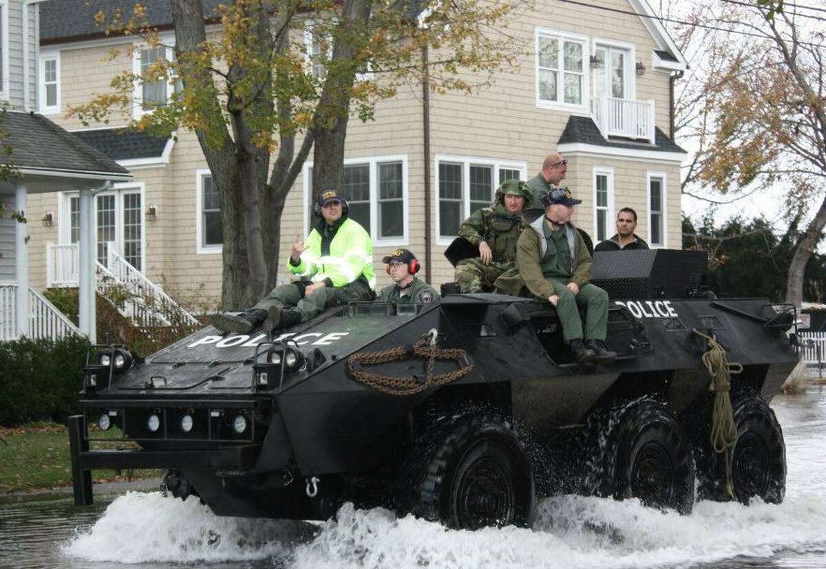 The Fairfield Police Department’s Light Armored Vehicle (LAV) in use following storm Sandy in 2012.