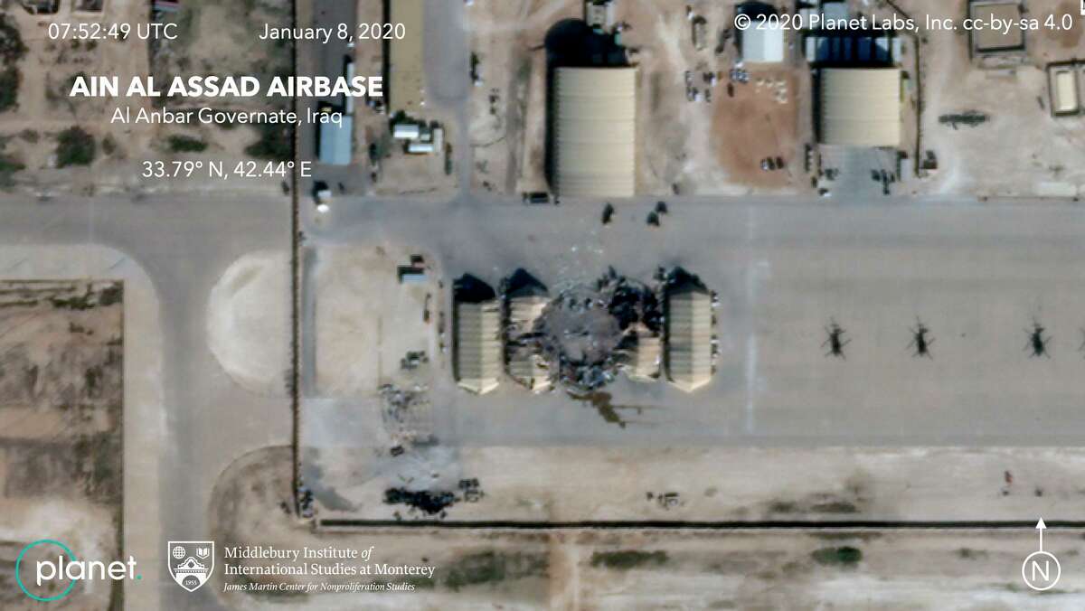 FILE - This satellite image provided by the Middlebury Institute of International Studies and Planet Labs Inc., on Wednesday, Jan. 8, 2020 shows damage caused by an Iranian missile strike at the Ain al-Asad air base in Iraq. Iran's actions were in response to the U.S. killing of Revolutionary Guard Gen. Qassem Soleimani. On Friday, Jan. 20, 2020, The Associated Press reported on stories circulating online incorrectly asserting there had been casualties from the attack. Both U.S. and Iraqi forces confirmed soon after the missiles were launched that no casualties were reported, and in his comments about the attack President Donald Trump said no Americans or Iraqis were harmed. (Planet Labs Inc./Middlebury Institute of International Studies via AP)