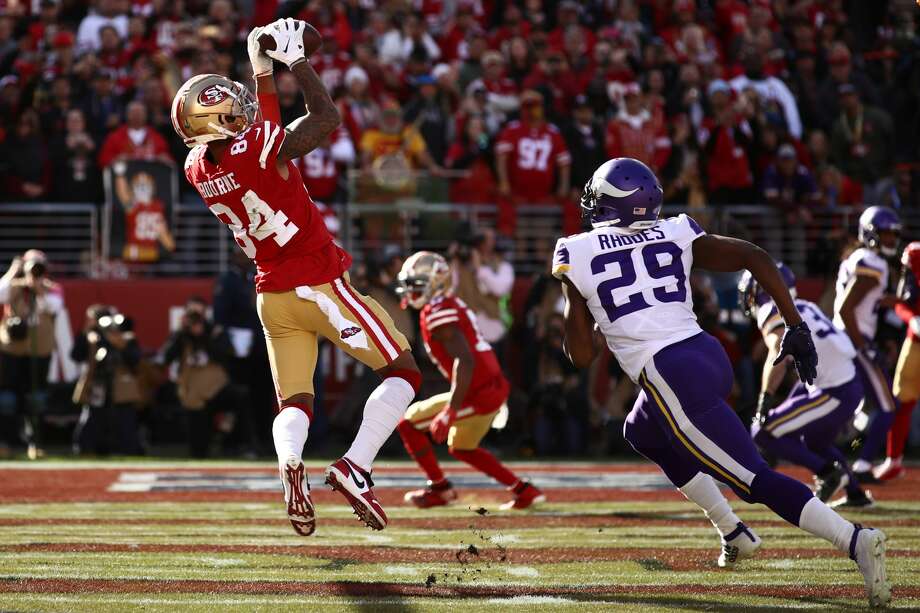 Kendrick Bourne #84 of the San Francisco 49ers catches a touchdown pass during the first quarter against the Minnesota Vikings during the NFC Divisional Round Playoff game at Levi's Stadium on January 11, 2020 in Santa Clara, California. (Photo by Ezra Shaw/Getty Images) Photo: Ezra Shaw/Getty Images