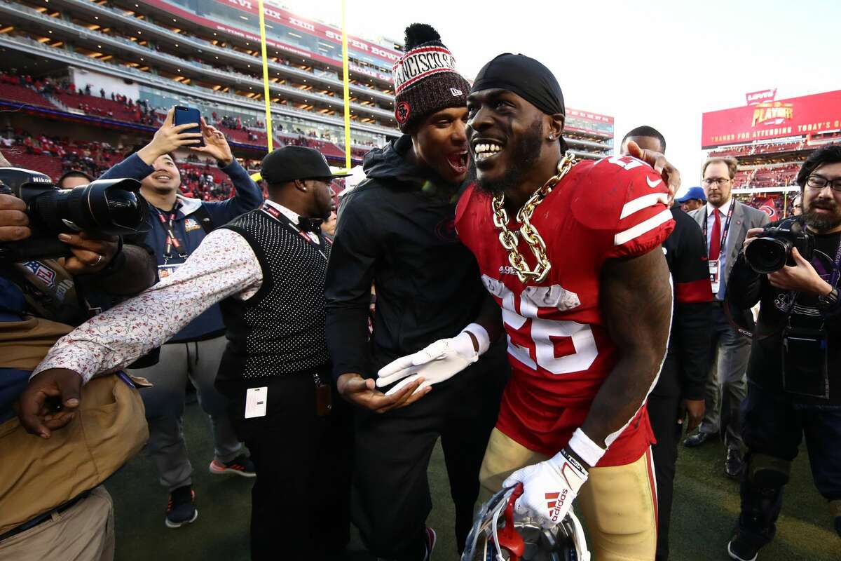 Tevin Coleman #26 of the San Francisco 49ers reacts to winning the NFC Divisional Round Playoff game against the Minnesota Vikings at Levi's Stadium on January 11, 2020 in Santa Clara, California. The San Francisco 49ers won 27-10. (Photo by Ezra Shaw/Getty Images)