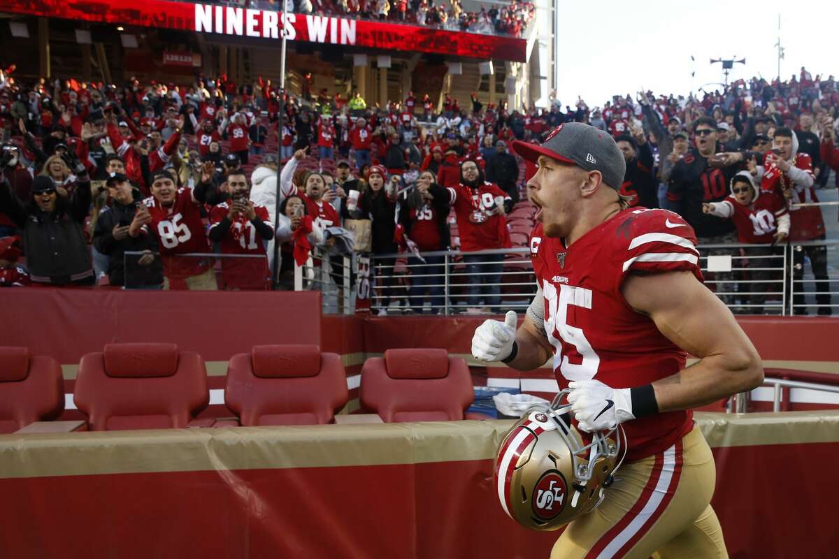 George Kittle #85 of the San Francisco 49ers reacts to winning the NFC Divisional Round Playoff game against the Minnesota Vikings at Levi's Stadium on January 11, 2020 in Santa Clara, California. The San Francisco 49ers won 27-10. (Photo by Lachlan Cunningham/Getty Images)