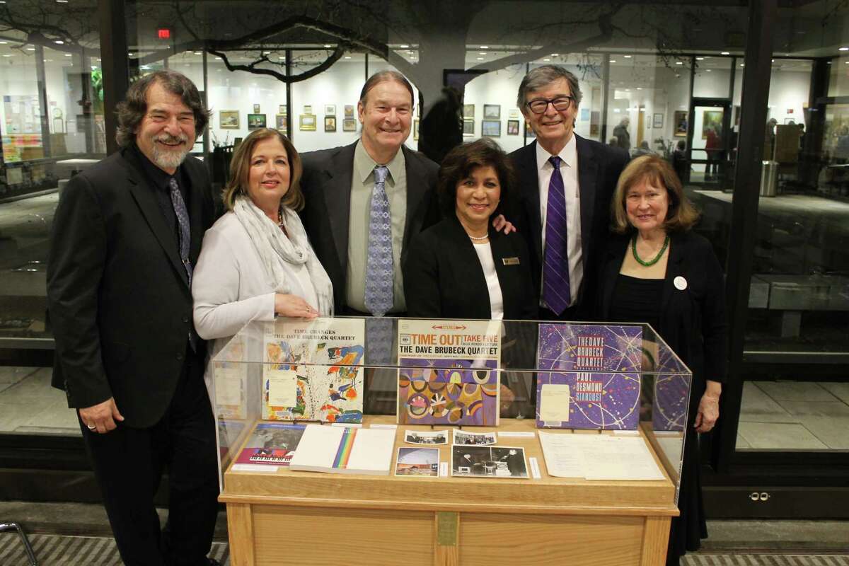Chris and Tish Brubeck, Dan Brubeck, Elaine Tai-Lauria, executive director of Wilton Library, Darius and Cathy Brubeck gather on Jan. 11 to celebrate the collaboration to bring the Brubeck Collection to Wilton Library.
