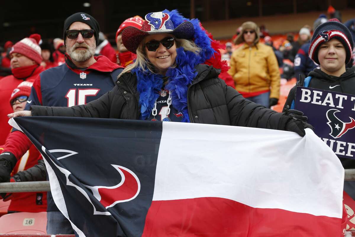 Houston Texans fans watch warm ups before an AFC divisional playoff game against the Kansas City Chiefs at Arrowhead Stadium on Sunday, Jan. 12, 2020, in Kansas City, Mo.