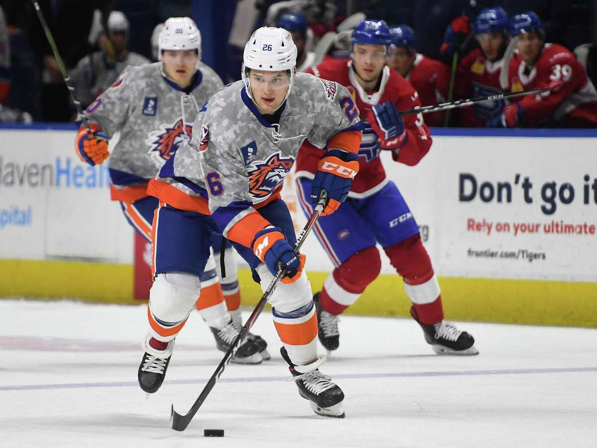 Bridgeport Sound Tiger forward Oliver Wahlstrom carries the puck into the offensive zone during the first period of their AHL hockey game with the Laval Rocket at the Webster Bank Arena in Bridgeport, Conn. on Sunday, January 12, 2020.