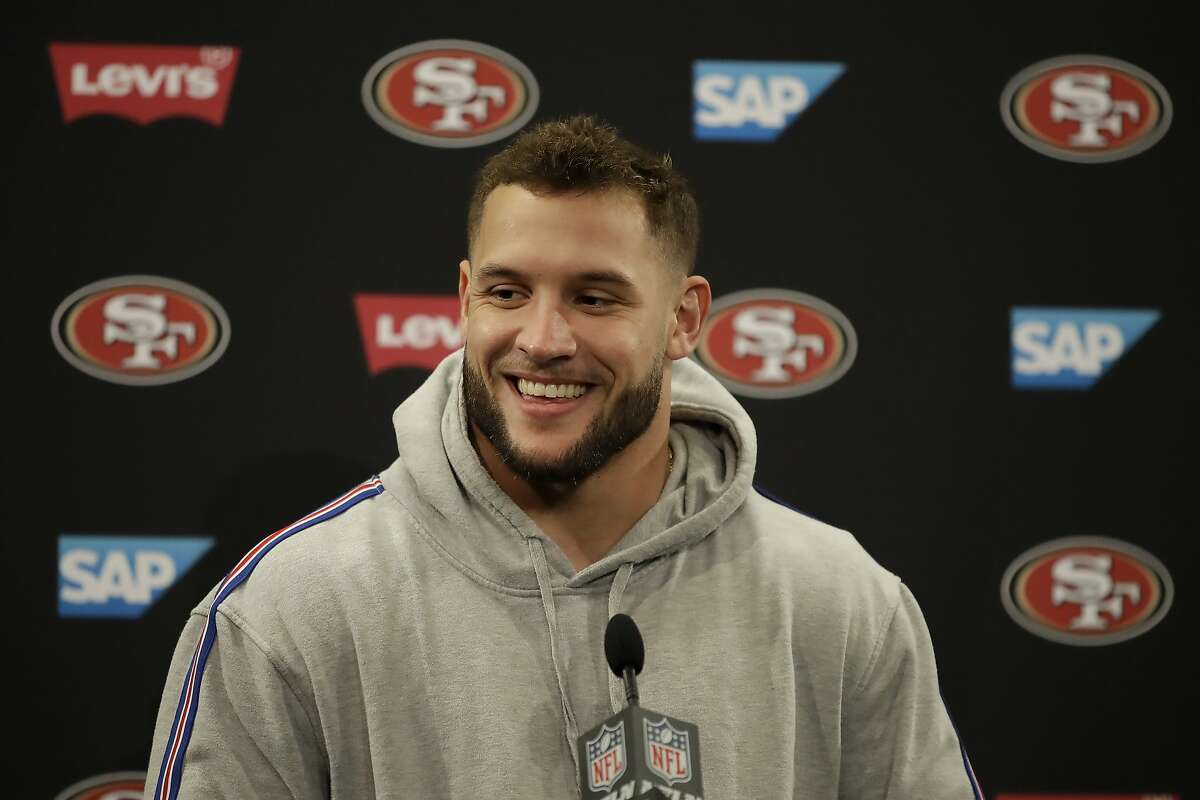 San Francisco 49ers defensive end Nick Bosa speaks at a news conference after the 49ers defeated the Minnesota Vikings in an NFL divisional playoff football game, Saturday, Jan. 11, 2020, in Santa Clara, Calif. (AP Photo/Ben Margot)