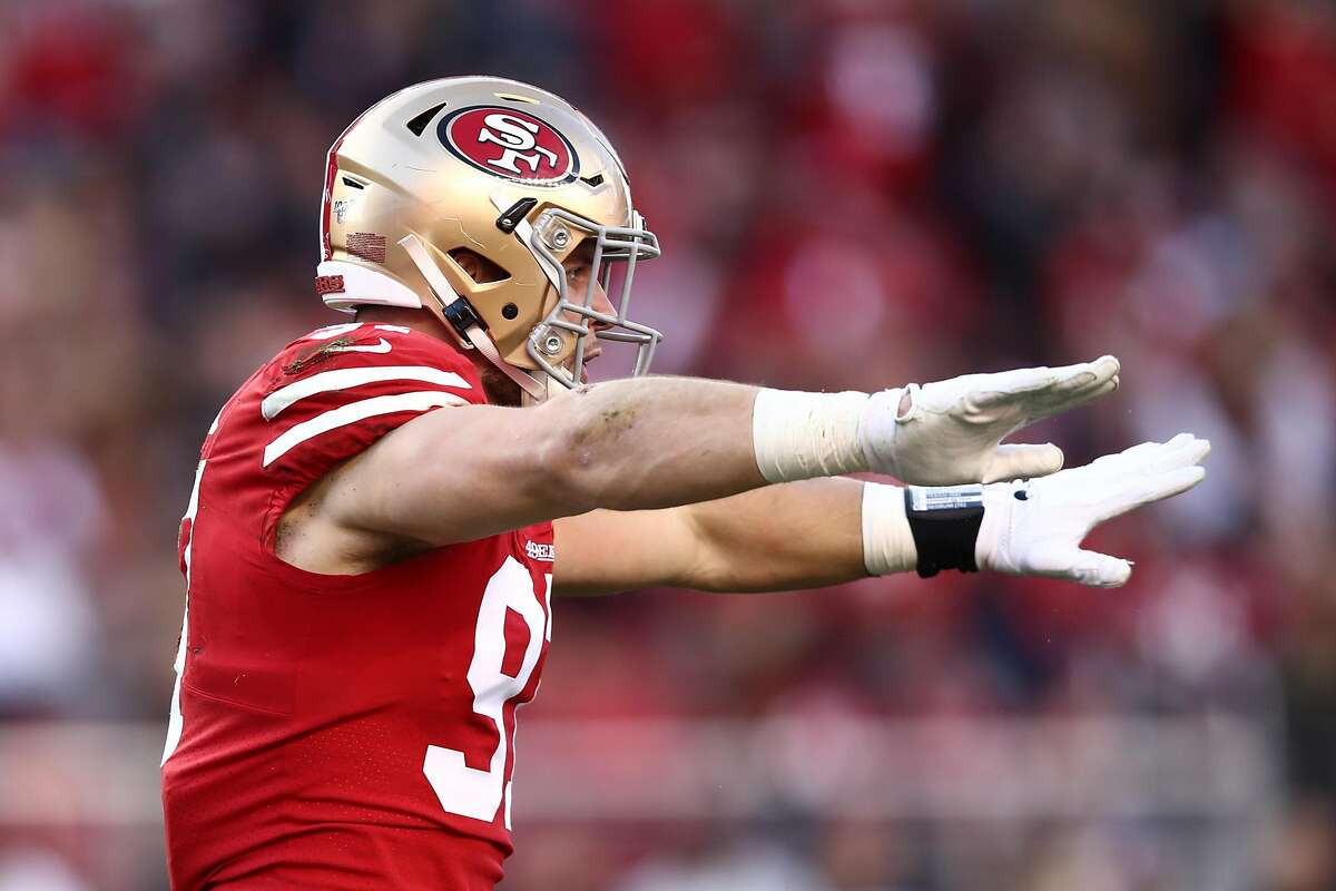 SANTA CLARA, CALIFORNIA - JANUARY 11: Nick Bosa #97 of the San Francisco 49ers reacts to a broken up pass play during the third quarter against the Minnesota Vikings during the NFC Divisional Round Playoff game at Levi's Stadium on January 11, 2020 in Santa Clara, California. (Photo by Ezra Shaw/Getty Images)