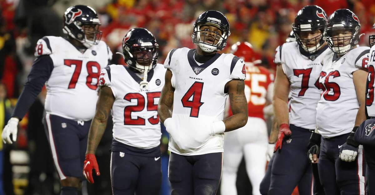 PHOTOS: The contract situation for each Texans player this offseason Houston Texans quarterback Deshaun Watson (4) walks around the huddle during a time out during the fourth quarter of an AFC divisional playoff game against the Kansas City Chiefs at Arrowhead Stadium on Sunday, Jan. 12, 2020, in Kansas City, Mo. Browse through the photos above for a look at the contract situation for each Texans player this offseason ...