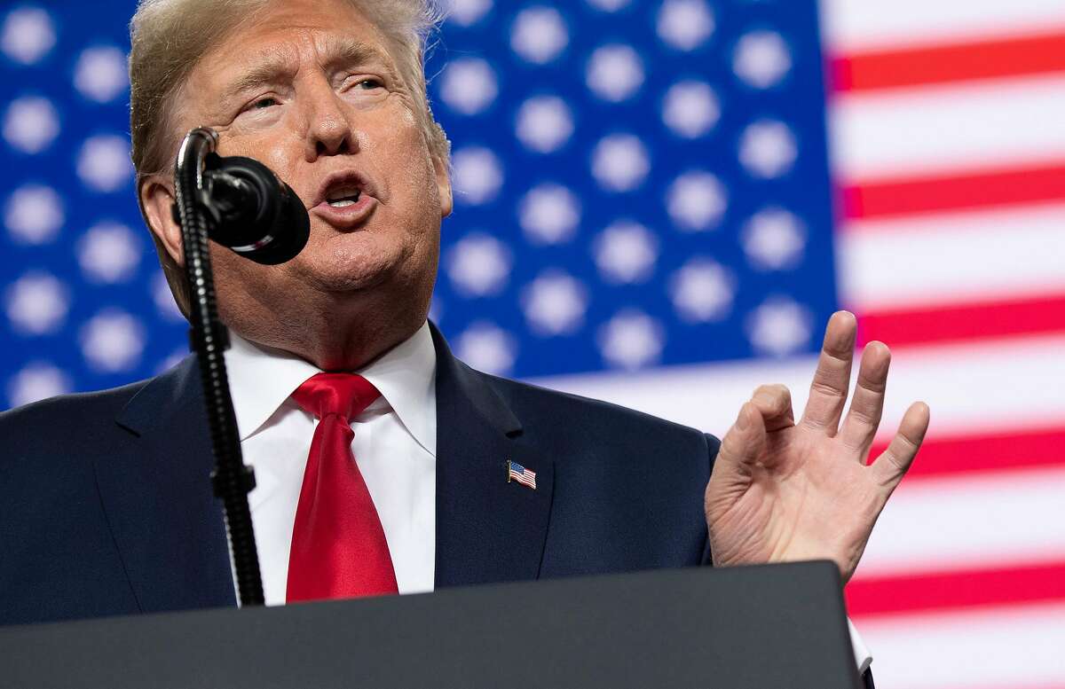 (FILES) In this file photo taken on January 9, 2020 US President Donald Trump speaks during a "Keep America Great" campaign rally at Huntington Center in Toledo, Ohio, on January 9, 2020. - President Donald Trump on January 13, 2020 painted his Democratic opponents as pro-Iranian stooges and retweeted a faked picture of two top party leaders in Muslim garb. Trump's latest assault on the senior Senate Democrat Chuck Schumer and House of Representatives speaker Nancy Pelosi followed criticism of his ordering a deadly drone strike against a top Iranian general, Qasem Soleimani."Anything I do, whether its the economy, military, or anything else, will be scorned by the Rafical Left, Do Nothing Democrats!" Trump fumed on Twitter, misspelling "Radical." (Photo by SAUL LOEB / AFP) (Photo by SAUL LOEB/AFP via Getty Images)