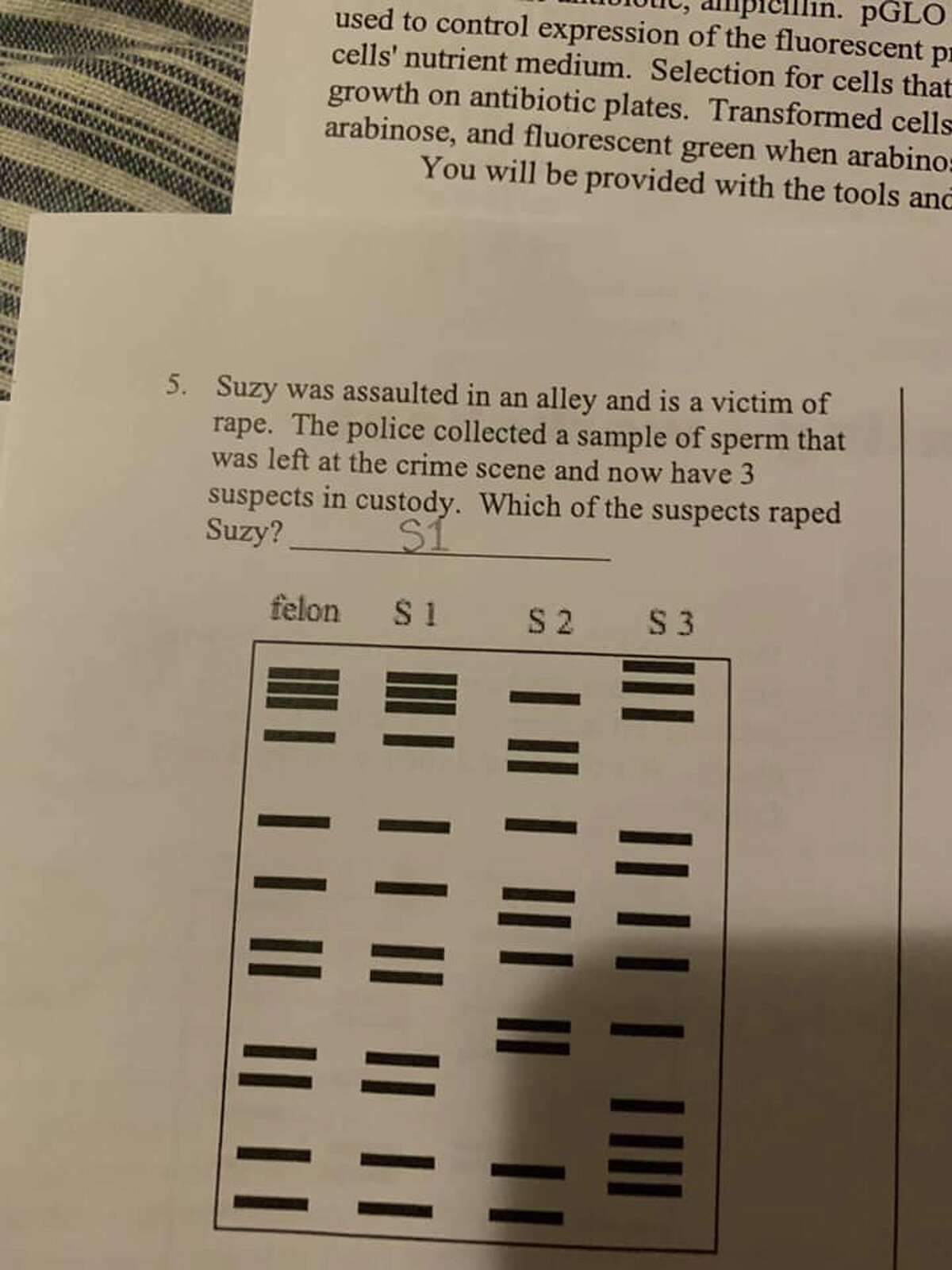 Klein ISD has removed a controversial homework assignment from a 9th-grade biology class after parents expressed outrage over a question that asks students to identify a rape suspect with DNA samples.