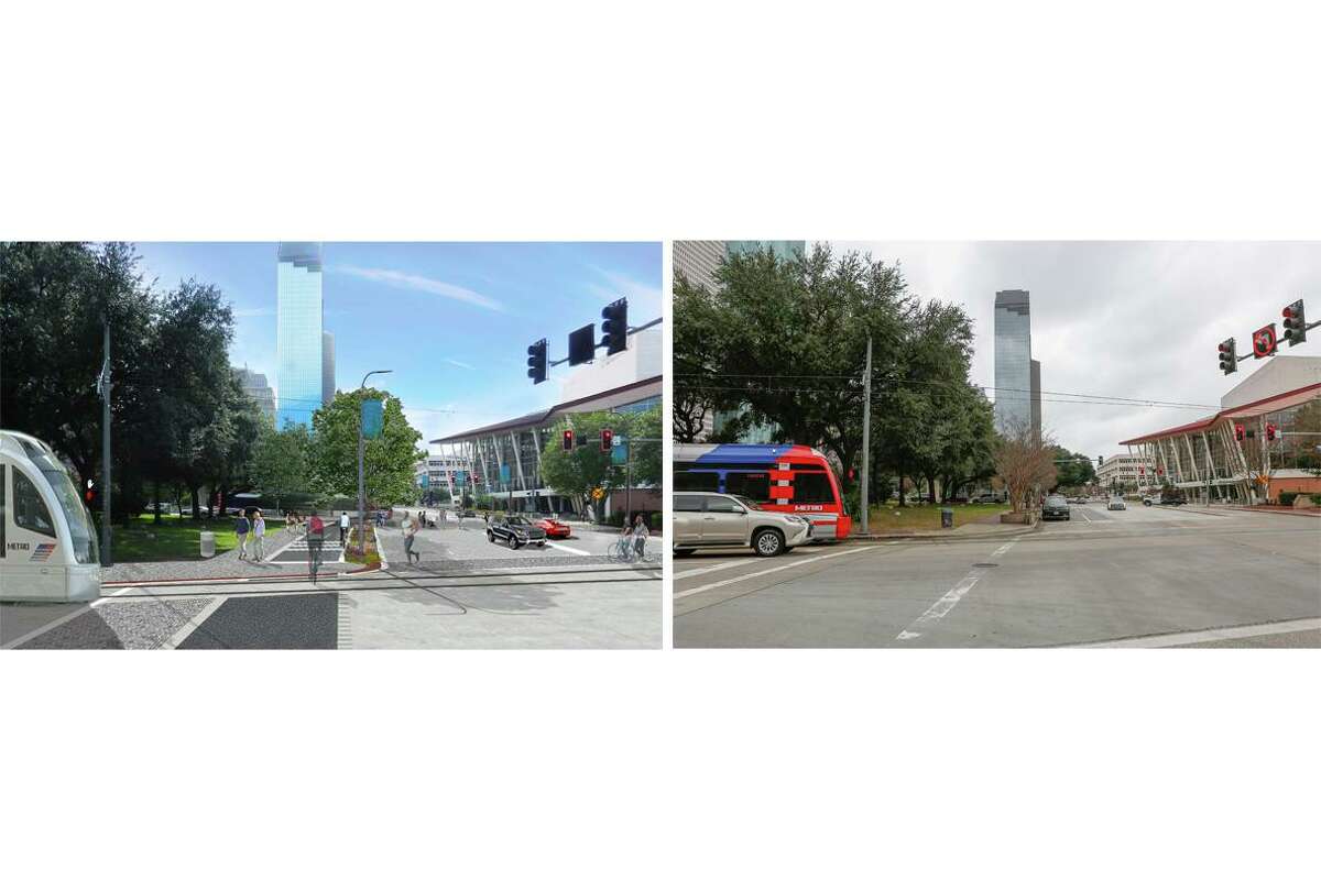 A composite showing a rendering, left, and photograph, right, of Bagby Street, facing south from Tranquillity Park. It is being reconstructed to add more room for pedestrians and bicyclists and increase drainage capacity.