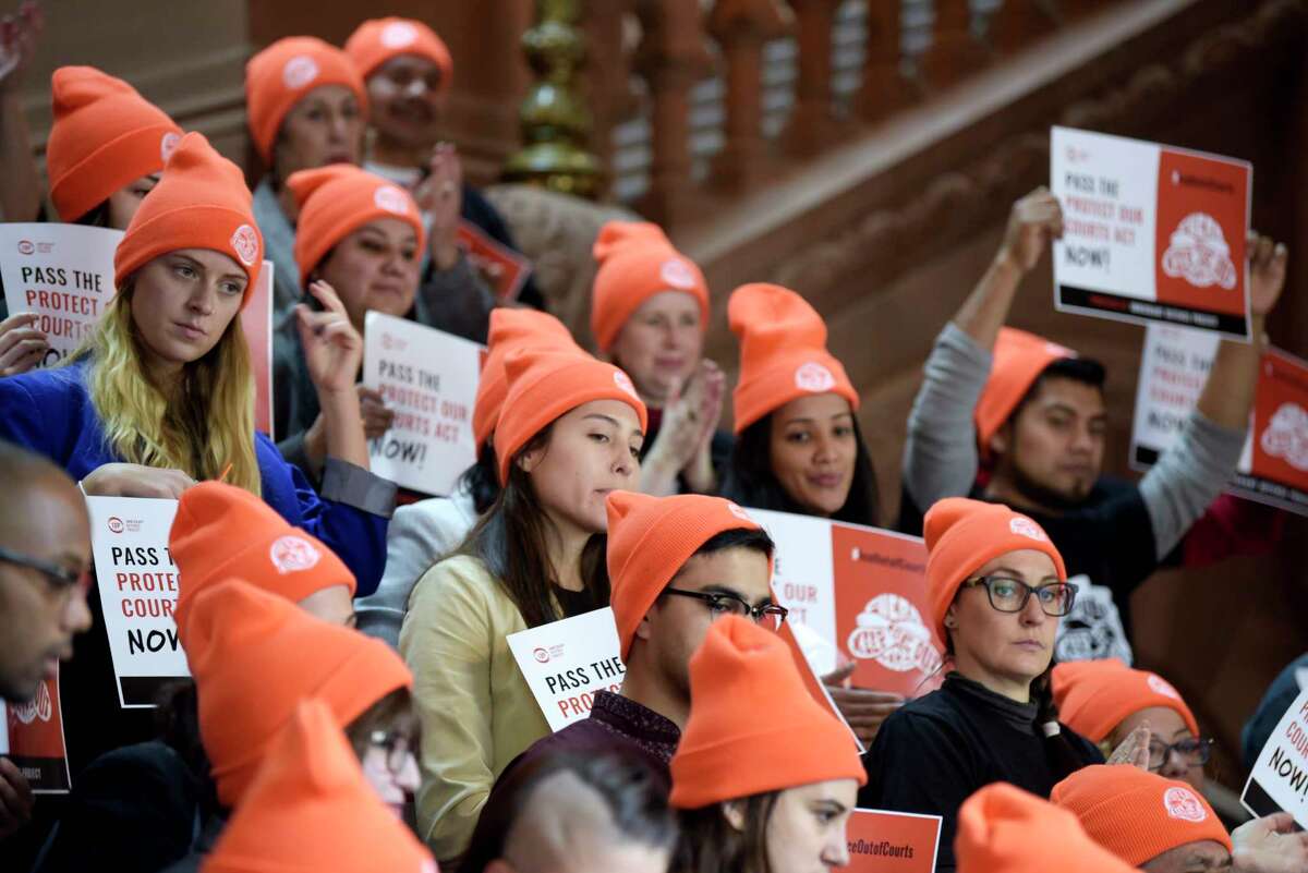 Undocumented immigrants and their supporters take part in a rally at the Capitol on Tuesday, Jan. 14, 2020, in Albany, N.Y. The rally was organized by the Immigrant Defense Project, and those attending the rally were calling on legislators to pass the Protect Our Courts Act. (Paul Buckowski/Times Union)