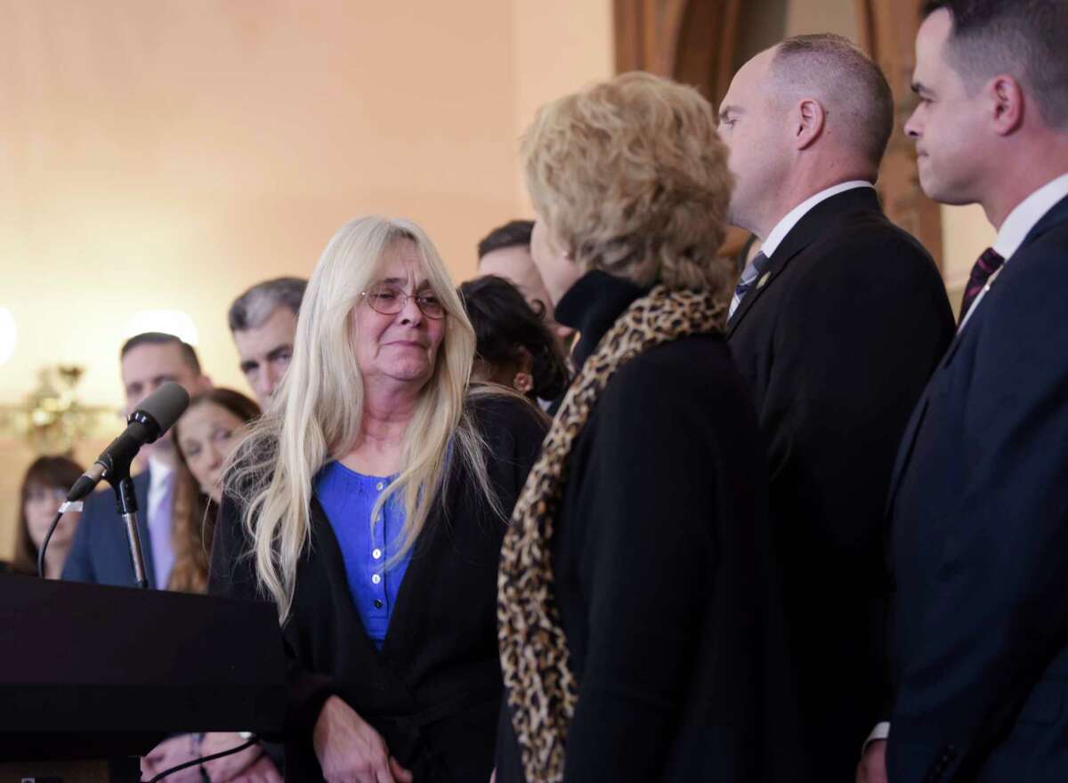 Janet Steenberg, who lost two of her sons and her daughter-in-law in the Schoharie limo crash, is overcome with emotions as she spoke at a press conference at the Capitol about new limo safety regulations on Tuesday, Jan. 14, 2020, in Albany, N.Y.  A plea deal might come during a court hearing Sept. 2, 2021 (Paul Buckowski/Times Union)