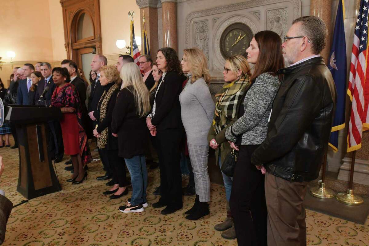 Families who lost loved ones in the Schoharie limo crash look on as Senate Majority Leader Andrea Stewart-Cousins speaks at a press conference at the Capitol about new limo safety regulations on Tuesday, Jan. 14, 2020, in Albany, N.Y. A New York task force that's supposed to go over limo safety has not been formed. (Paul Buckowski/Times Union)